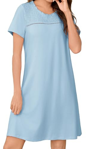 Bresdk Camicia da Notte Donna Cotone Pigiama Corto Girocollo Pigiami Estivi da Donna Pigiama Leggero e Traspirante(Azzurro,XL)