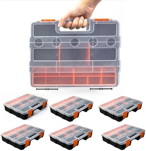 Sortimentskasten,Sortierkasten,sortiment box,6 PCS,Große Überdachte Werkzeugaufbewahrung,Kleinteilekasten,Klassifizierungsfeld,Trennbare und Anschließbare Fächer,Schwarz Rot,30x22x6cm