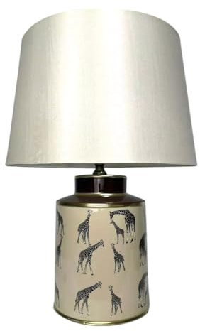 AcaciaHome Modern and Classic Oriental Design Large Floral Ceramic Table Lamp with Drum Shade - Perfect Stylish and Functional Hall Light for Living Room. Bedroom (40cm Giraffe Safari Design)