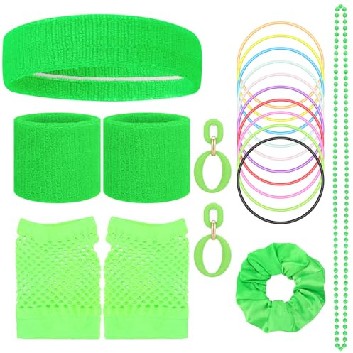 patinadrift 19 Stück 80er 90er Jahre Accessoires, Jahre Outfit Damen Set mit Stirnbaender Armbander Halskette Ohrringe Netzhandschuhe Retro Party für Kostümparty Karneval Halloween