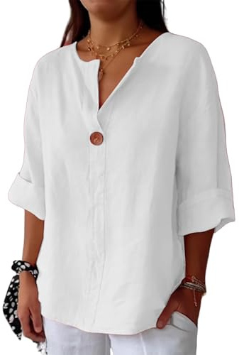 uxxnjfg Camiseta Mujer Manga Larga Algodón y Lino Basicas Blusas Verano Botones Suelto Camiseta Cuello V Casual Básica T Shirts
