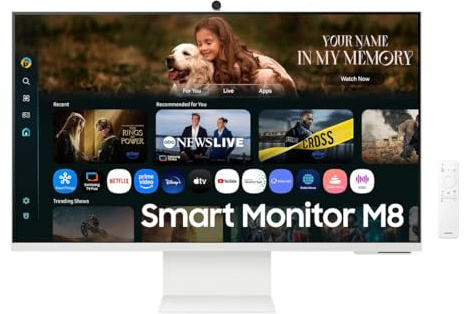 Samsung Smart Monitor M8 (S32FM801), Flat 32'', 3840x2160 (UHD 4K), Smart Hub con AI, Office 365, Gaming Hub, Speaker Integrati, Telecomando, WiFi, HDMI, USB-C