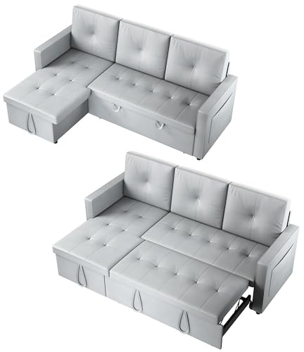 SONNI Sofa, Ecksofa, 203x132x88cm, Schlafsofa mit Schlaffunktion, 3 Sitzer Sofa, Bettcouch, Couch mit Bettkasten, Seitentasche, Katzenpfotenleder, Ideal für Wohnungen Wohnzimmer, Hellgrau
