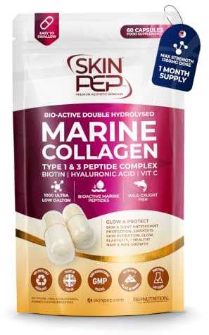 Marine Collagen Peptides - SkinPep | 60 Capsules, 1300mg Per Serving | WildCaught Bioactive 1000 Daltons | Hyaluronic Acid | VIT C | Clean & Pure, No Fillers | Collagen Supplements for Women and Men