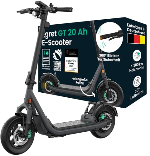 Egret GT E-Scooter mit Straßenzulassung | ≤100 km Reichweite & 20 km/h, 13 Luftreifen, Wechselakku, einstellbare Federung, hydraulische Bremsen, NFC & Apple Find My, bis 150 kg Traglast (GT 20 Ah)