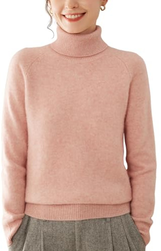 DISSA Women Cashmere Jumper Pink Roll Neck Knitted Jumper Long Sleeve Relaxed Cashmere&Wool Thick Plain Ladies Sweater,UK 14,MH560
