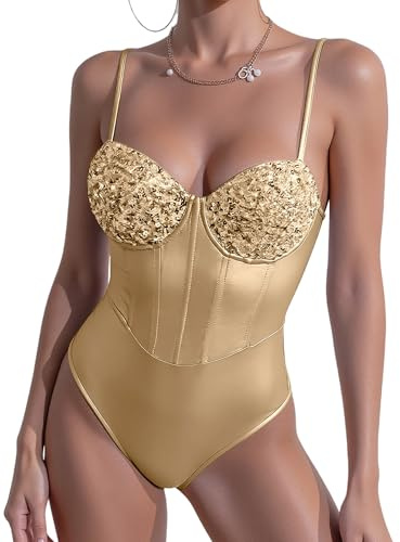 Adigau Donna Body Corsetto Elegante Bodysuit Top Spalline Spaghetti Regolabili Leotard Aderente con Reggiseno di Paillettes, Oro M