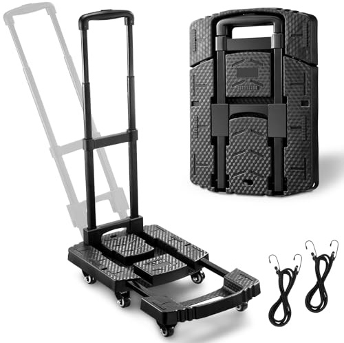 Folding Trolley on Wheels, 225Kg Heavy Duty Extendable Sack Truck/Sack Barrow with 6 Wheels (2 with Brake) & 2 Elastic Straps - Compact for Moving, Luggage, Garden Plants, Camping (jet black)