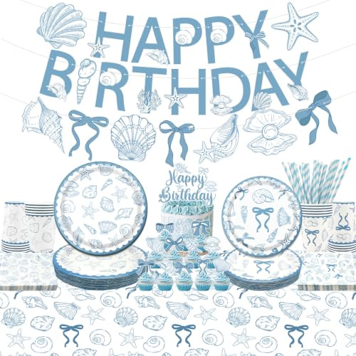 Seashell Birthday Party Decorations-20 Guests-Coastal Birthday Decorations Includes Plates Cups Napkins Tablecloth Banner Cake Topper for Blue Bow Seashell Coastal Birthday Decor