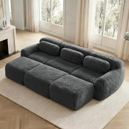 EURHCIO Canape 3 Places Salon,Canapé Modulable avec 3 Poufs,Peluche,Boneless,Pas d’Assemblage Requis (Gris, 3 Places+3 poufs)