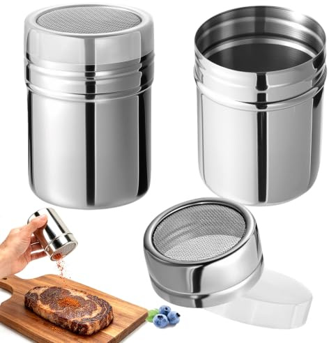 Pulverströare i rostfritt stål, 2 stycken florsockerströare med lock, 7 oz is socker shaker, florsocker sil mjölströare med fint nätlock för choklad, kaffe, choklad, socker, salt