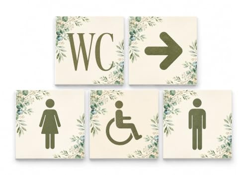 GOYAPRINT Pack 5 Carteles Aseos Decorativos 12x12 cm – Hombre, Mujer, WC, Discapacitados y Flecha – PVC Rígido de 5 mm – Señalización Floral para Baños, Hoteles, Casas Rurales y Comercios