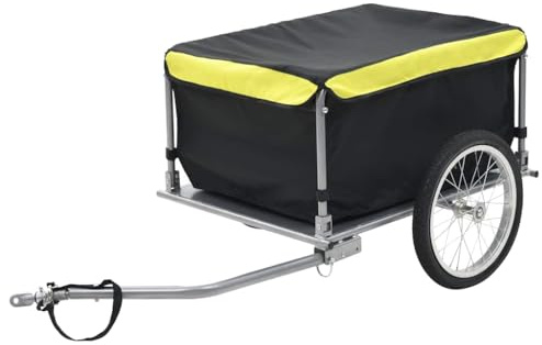 Ziaphsol Remolque de bicicleta negro y amarillo, 65 kg, con marco de acero, bandeja extraíble, barra de tracción plegable, embrague, neumático, capota para compras, camping y transporte seguro