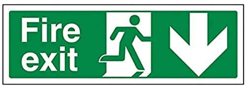 V Safety Fire Exit Arrow Down Sign – Self-Adhesive Vinyl Safety Sign, Landscape 300 × 100 mm – Green Emergency Exit Signage for Doors, Corridors & Stairwells – EN ISO 7010 Compliant