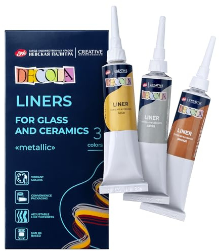 Decola Acrylic Metallic Liners | Water-Based 3 x 18 ml Acrylic-Liners for Porcelain and Glass | Gold, Silver, and Copper | Made by Nevskaya Palitra