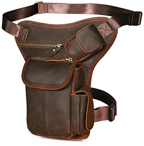 Borsa Le'aokuu da uomo in vera pelle Messenger Moto tattica Hip Bum Marsupio marsupio con gamba a goccia (3106 A Marrone)