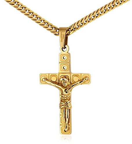 KnSam Unisex guldpläterat hänge halsband kors Jesus krucifix bönkedja guld [nyhet halsband], Guld, Ingen sten
