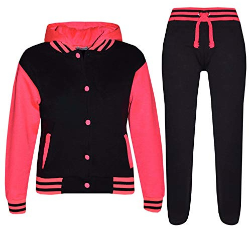 A2Z För Kids Träningsdräkt Flickor Pojkar Baseboll Enfärgad Topp Byxor - T.S B.B Plain Black & Neon Pink 13