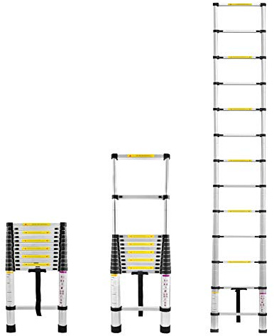 Froadp 380cm Escalera Telescópica, Escalera Plegable de Aluminio Multifuncional, Escalera de Tijera con 13 Peldaños, Escalera de Mano Extensible con Capacidad de hasta 150KG(Plata)