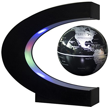 Estefanlo Floating Globe with LED Lights C Shape Magnetic Levitation Floating Globe World Map for Desk Decoration (Black-Silver)