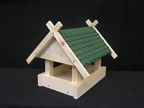 Manufaktur Martinshof Pajarera pequeña verde Longitud: 32 cm Ancho: 29,50 cm Profundidad: 28 cm Comedero, juego de construcción, tejas, madera, estación de alimentación, comedero para pájaros, villa,