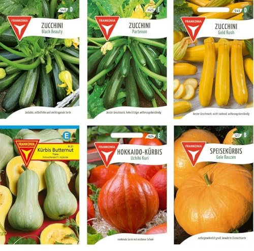 Gemüse Samen Set: Samen-Sortiment / 3 Kürbissorten und 3 Zucchinisorten/Zucchini Black Beauty/Zuchini Partenon F1, Mehrfarbig, BU12