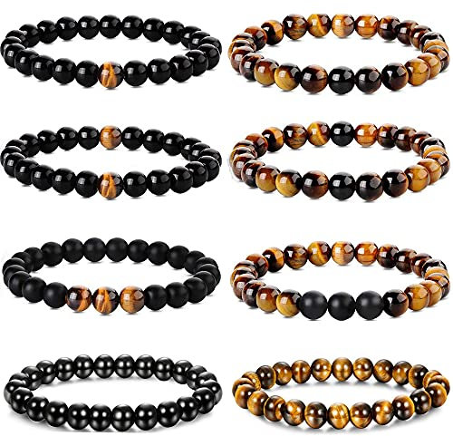 Yadoca 8Pcs 8mm Armbänder für Herren Frauen Tiger Eye Stone Mala Perlen Achat Elastic Naturstein Yoga Armbänder Set