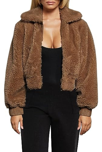 FANCYINN Manteau Col Fausse Fourrure Femme Veste Lâche À Manches Longues Outwear Poche Zipper Hiver Veste Court Marron foncé XL