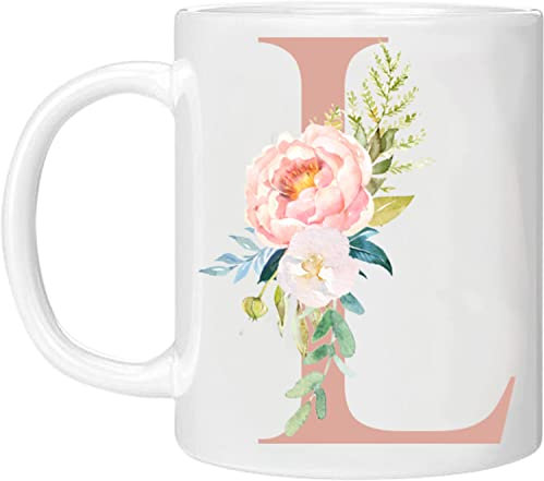 MOBILE STUFF Personalised Floral Mug Letter L -Any Alphabet 11oz Ceramic Coffee/Tea Cup Gift for Christmas, Birthday, Secret Santa, Mother’s Day or Father’s Printed Glitter, NOT Real Glitter (Rose L)