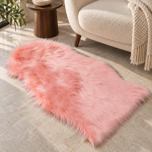 linmopm Super Soft Fluffy Faux Fur Sheepskin Rugs Bedroom Floor Sofa Living Room Runner High-Density Cushion Plush Carpet Sofa Cover Bedside Rugs (Pink, 2x3 ft Sheepskin)
