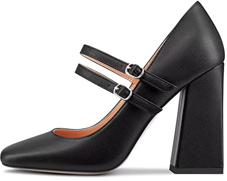 Saekcted Femmes Bloc Chunky Haut High Talon Heel Fermé Carré Bout Escarpins Mary Jane Boucle Party Dress Cute Chaussures 10 CM Heels Noir 39 EU