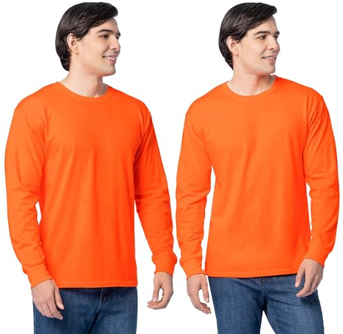 Fruit of the Loom Men's Eversoft Cotton T Shirts, Breathable & Moisture Wicking with Odor Control, Sizes S-4X, Long Sleeve-Safety Orange