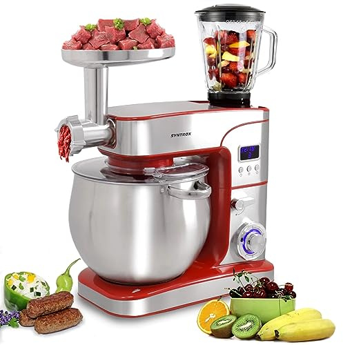 Syntrox Germany Küchenmaschine Snofru Edelstahl 12 Liter Küchengerät & Fleischwolf, Multi-Funktions-Küchenhelfer, Hochleistungs-Küchenmixer, 2000 Watt (Rot)