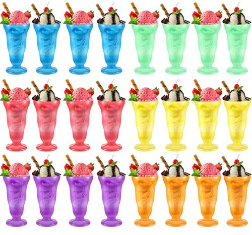 Jingmore 24 Pack Plastic Milkshake Cups Ice Cream Sundae Glasses Plastic Old Fashioned Soda Shoppe Sundae Cups Bright Neon Color Set for Kids Children, 50s Party Decorations