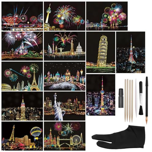 16 Stück Kratzpapier Kinder Städte Kratzbilder Erwachsene Magic Scratch Art Papier und Stift Set Kratzbilder für Kinder Urban Scratch Book Scratch Art Papier für DIY Heim Dekor Art Crafts