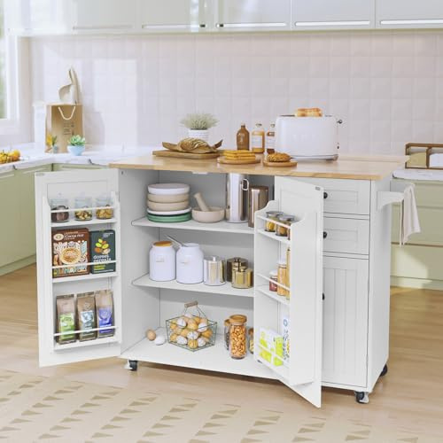 HOLTICO Kitchen Island on Wheels, White Rolling Kitchen Island BreakfastBar