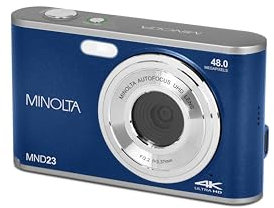 Minolta 48MP Digital Camera with Rear Selfie Lens – 4K Ultra HD Video, 2.8 LCD Screen, 16X Digital Zoom, Autofocus, Slow Motion, Time Lapse, Filters, Scene Modes, 32GB Card Included (Blue)