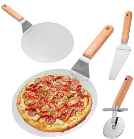 Skjutreglage i rostfritt stål med 14 cm trähandtag, LEKEFETO pizzaspade med pizzaskärare och kakskärare pizzatillbehör
