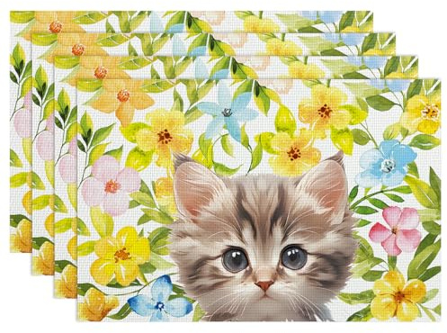 Tovagliette Americane Lavabile con Motivo a Gatto, Set di 4 Tovagliette Colazione in PVC, 45 x 30 cm, per Cucina, Vacanze, Feste, Fattoria, Interni, Casa