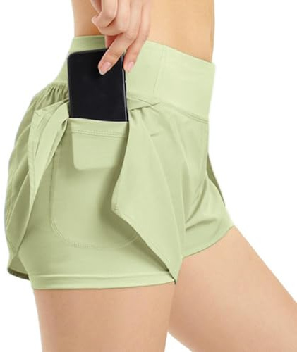 JiaYouLC Short de course 2 en 1 pour femme avec poches, double couche, séchage rapide, extensible, pour le sport, l'entraînement, le jogging, la gym, Vert, XS
