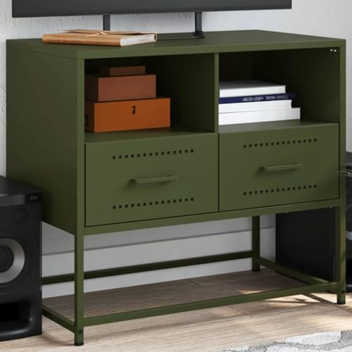HaoChrymec TV Cabinet with Storage Drawers, Industrial Steel Frame TV Stand, Media Console Unit with Open Shelves, for Living Room Bedroom, Olive Green, 68x39x60.5 cm