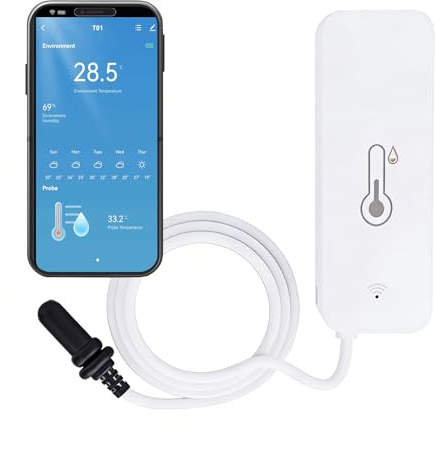 WiFi hygrometer termometer med extern sensor – smart WLAN-termohygrometer för inomhus- och utomhusbruk, applarm och fjärrövervakning, kompatibel med Alexa – för frys och akvarium
