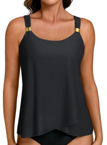 Hanna Nikole Haut tankini pour femme, haut de maillot de bain à bretelles réglables, haut de maillot de bain à ourlet fluide, haut de maillot de bain à col en U avec rembourrage (sans bas)
