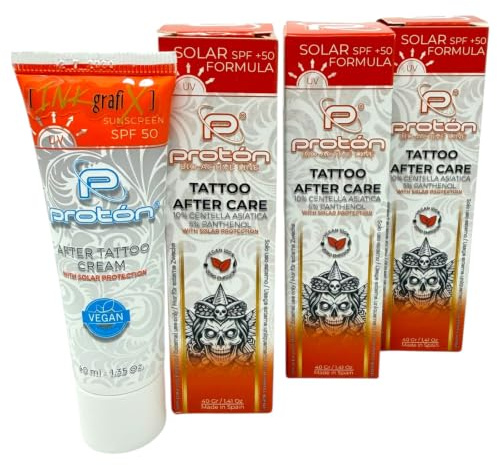 3 x Proton tatueringskräm med UV/solskydd LSF50 3 x 40 ml – Vegan – INKgrafiX Profi Care Aftercare Tattoo Cream – 10 % Centella, 5 % pantenol