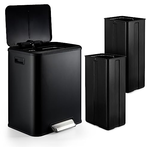 LEISULIF 2 x 4 gal Trash Can, Dual Compartment Trash Can with Lid, Stainless Steel Automatic Kitchen Recycling Garbage Bin, Quiet with Detachable Plastic Liner for Kitchen Home Office, Black