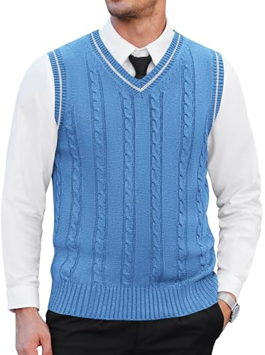 COOFANDY Men's V Neck Sweater Vest JK Uniform Pullover Sweater Sleeveless School Business Vest Blue