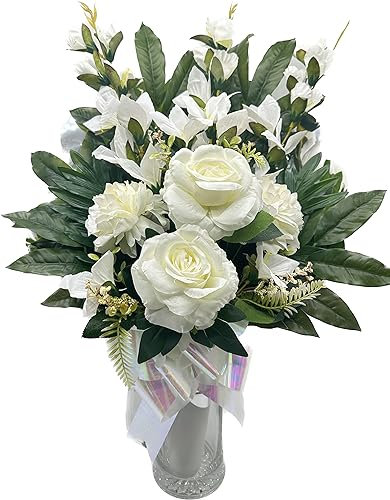 PLUS HOME Ramo para Cementerio de Flores Artificiales de Tela para Todos los Santos Medida + -78cm.ENC GLADIOLO Rosa PEONIA Blanco