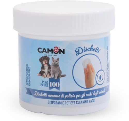 Camon | Discos de Limpieza de Ojos, Caja de 100 Unidades, fórmula Delicada con Aloe Vera y glicerina, Ideales para Perros y Gatos