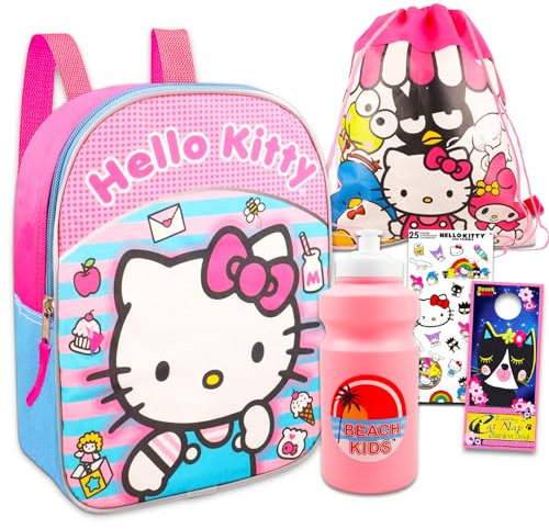 Hello Kitty Mini Backpack for Girls - Hello Kitty Travel Bag Bundle with 11 Mini Hello Kitty Backpack, Hello Kitty and Friends Cinch Bag, Water Bottle, Stickers, More | Hello Kitty Backpack Toddler,