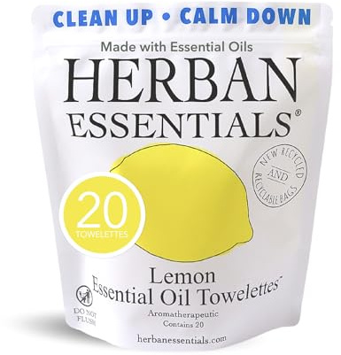 Herban Essentials - Lemon Wipes & Towelettes - Essential Oil Wipes for Make Up, Hands, Face & Body - Travel Size Essentials & Toiletries - Natural, Individually Wrapped, Disposable & Moist (20 count)